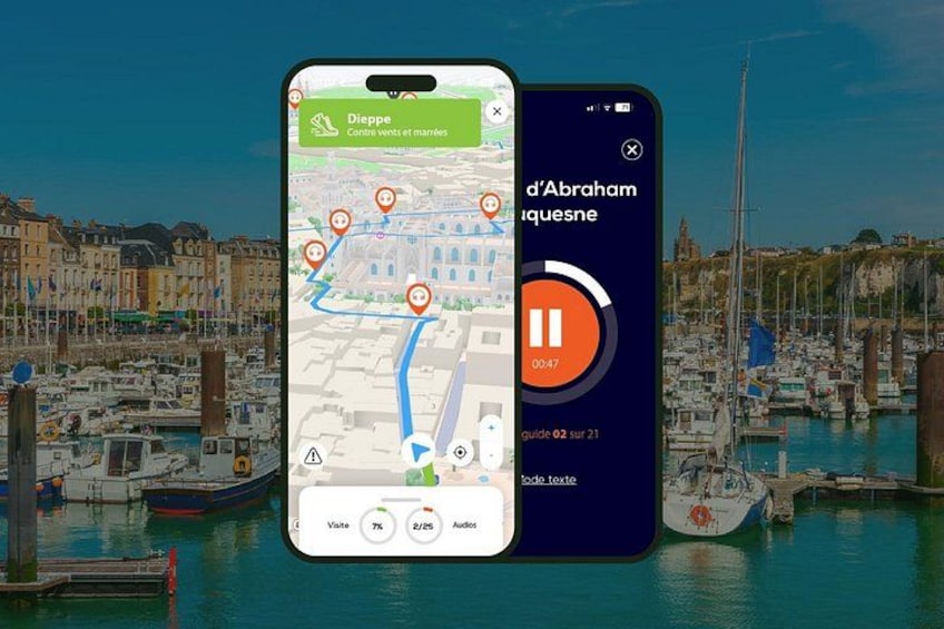 Ein Smartphone zeigt eine Karte mit einem markierten Standort, 'Dieppe', sowie einen Musikplayer mit dem Titel 'd'Abraham Jacquesne'. 1