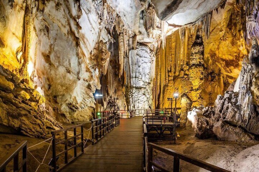 A cave with wooden walkways and stalactites. 1