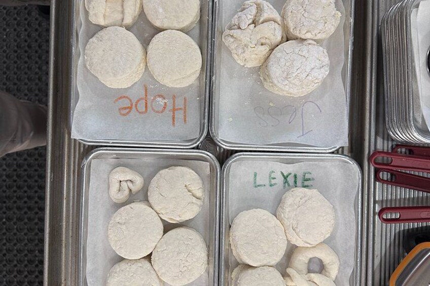 Four metal trays with dough balls labeled 'Hope' and 'Lexie'. 2