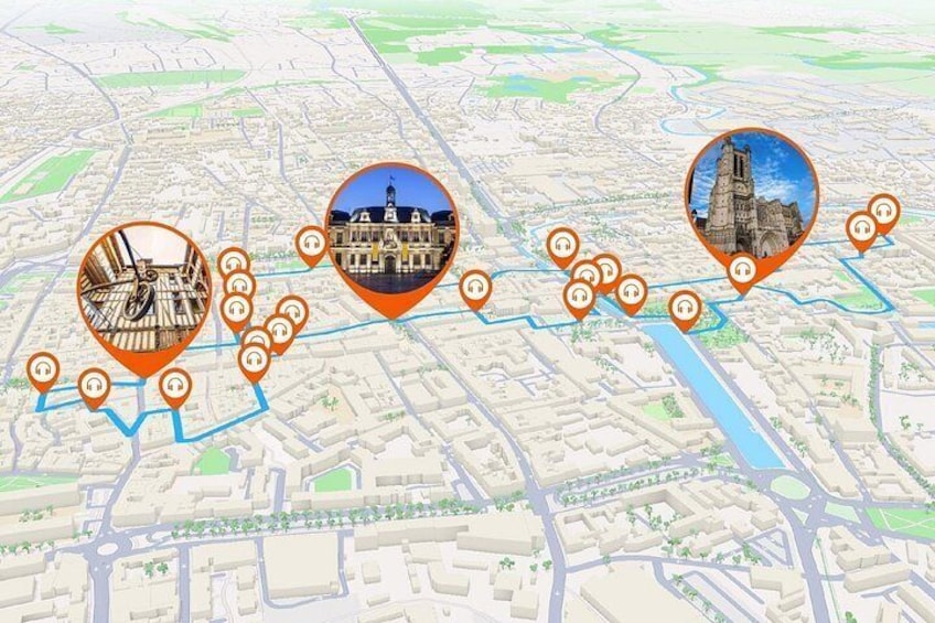 A city map with highlighted landmarks and routes. 4