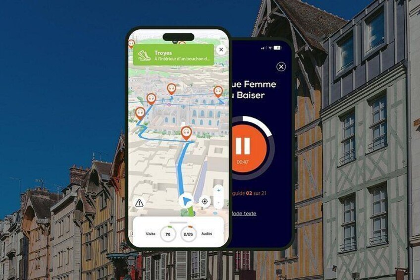 A smartphone displaying a map with a route marked by orange pins, a play button, and a timer indicating 00:47. 5