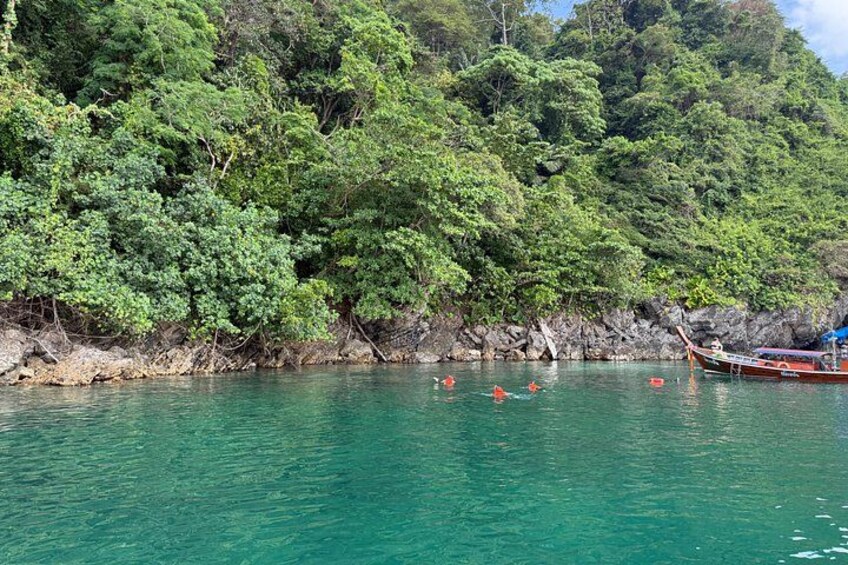 Un río tranquilo con barcos, árboles verdes exuberantes y orillas rocosas. 4