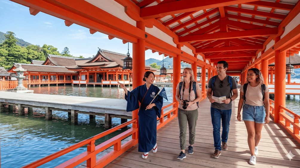 A group of people walking on a wooden bridge with red pillars, overlooking a body of water and traditional buildings. 1