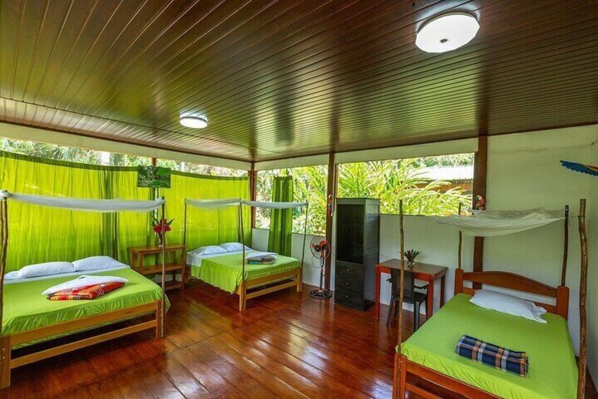 A wooden room with four beds, a TV, and a small table. 2