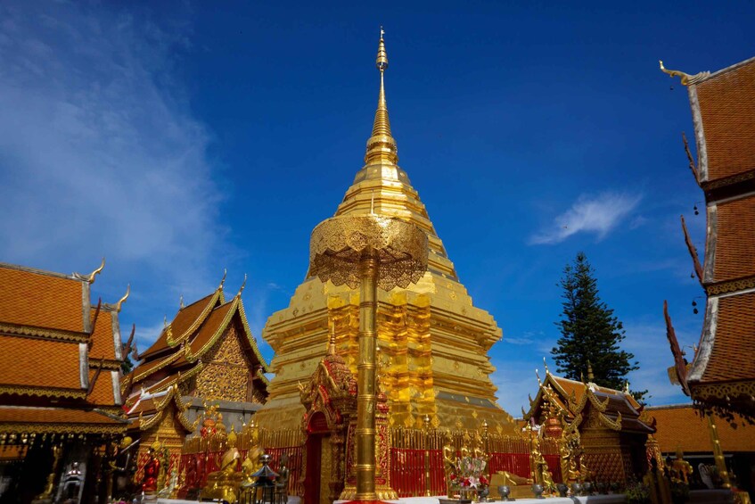 Kultainen stupa, jonka ympärillä on perinteistä thaimaalaista arkkitehtuuria. 4