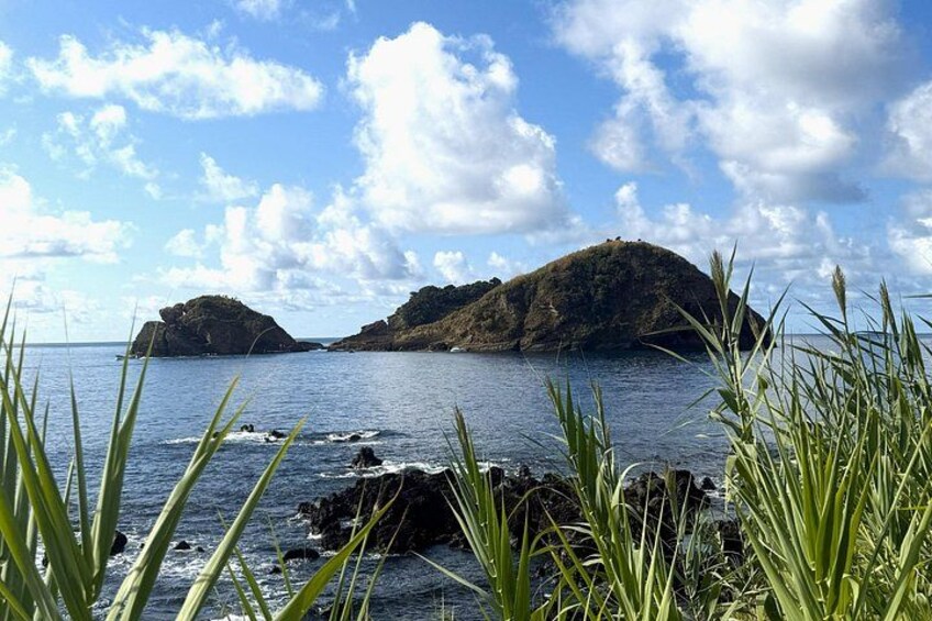 A coastal landscape with rocky outcrops and calm sea under a partly cloudy sky. 4