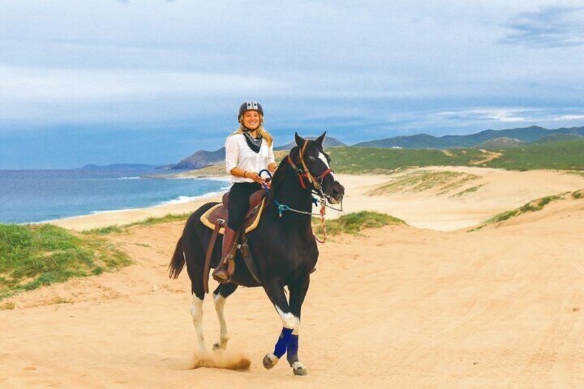 Una persona cavalca un cavallo su un sentiero sabbioso vicino a una spiaggia, con l'oceano e delle colline sullo sfondo. 4