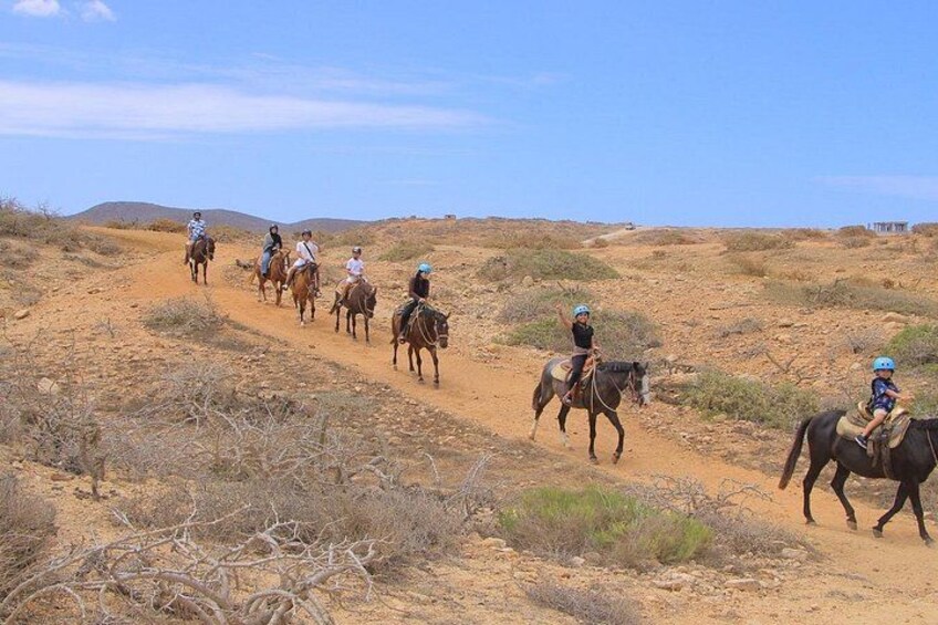 A group of people riding horses on a dirt path in a desert landscape. 3