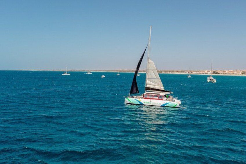 A sailboat with a black sail on the water. 2