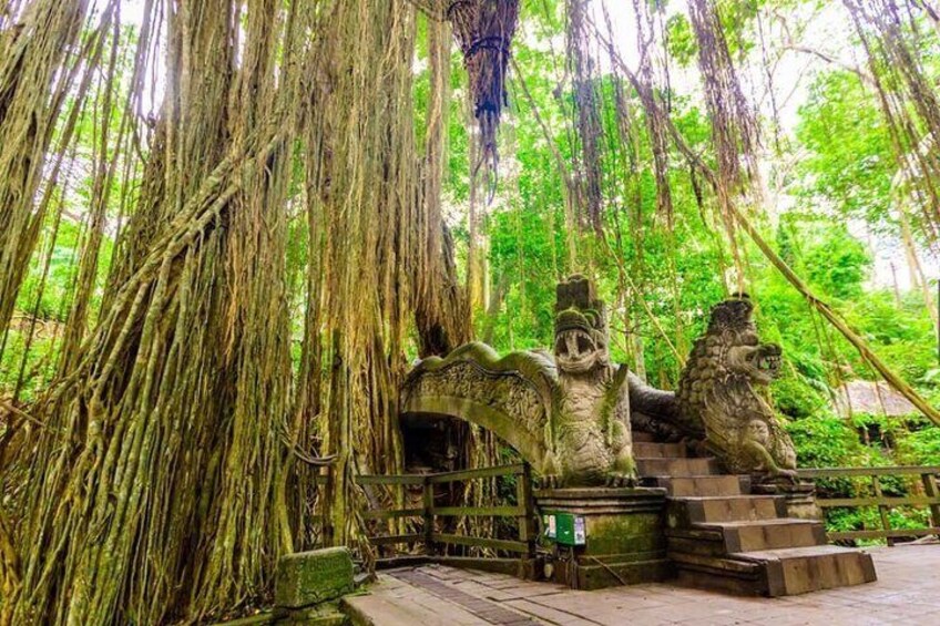 A stone staircase with a carved lion statue, surrounded by lush greenery and hanging vines. 4