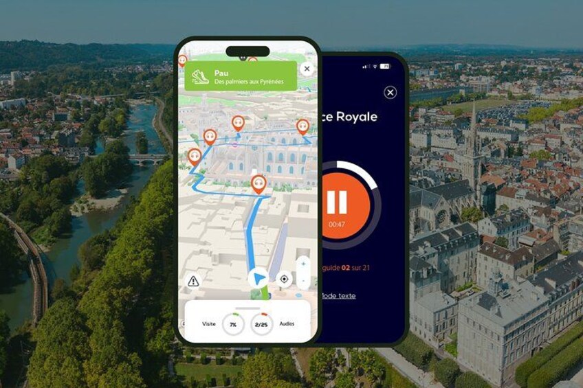 A smartphone displaying a map with a route marked by orange pins, a play button, and a timer indicating 00:47. 1
