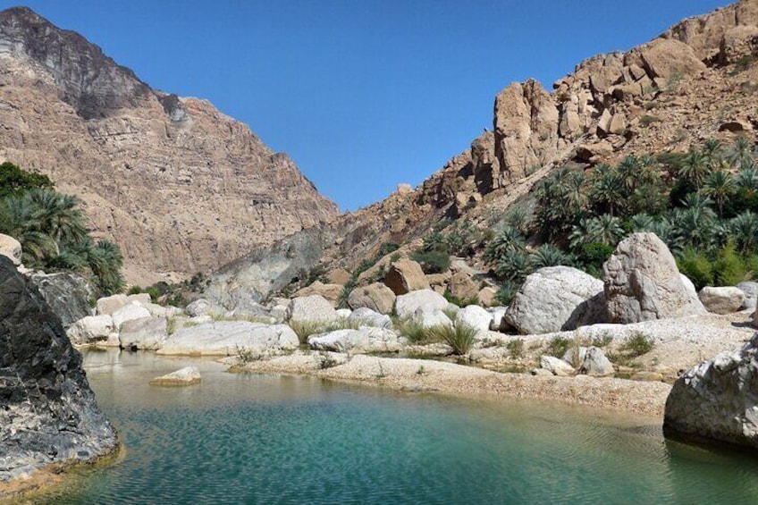 Une piscine d’eau turquoise aux eaux limpides, entourée de gros rochers et d’une végétation clairsemée, dans un canyon rocheux. 1