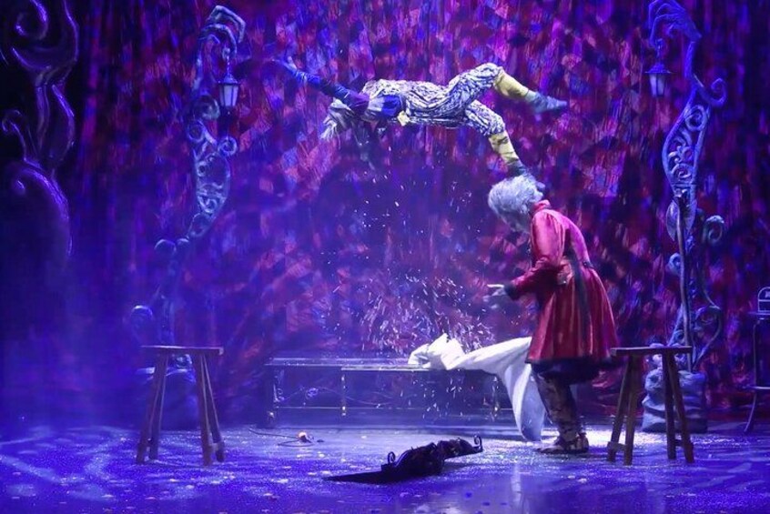 A circus performance with acrobats and a magician on stage. 4