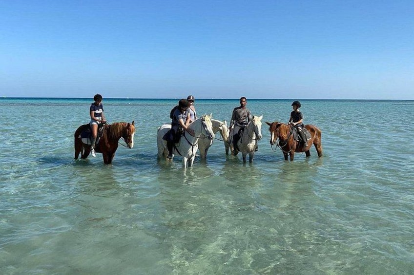 Four people riding horses in shallow water near the shore. 4