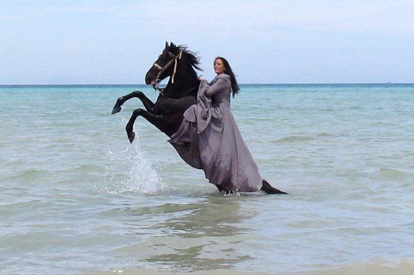 A person riding a horse in the ocean. 3