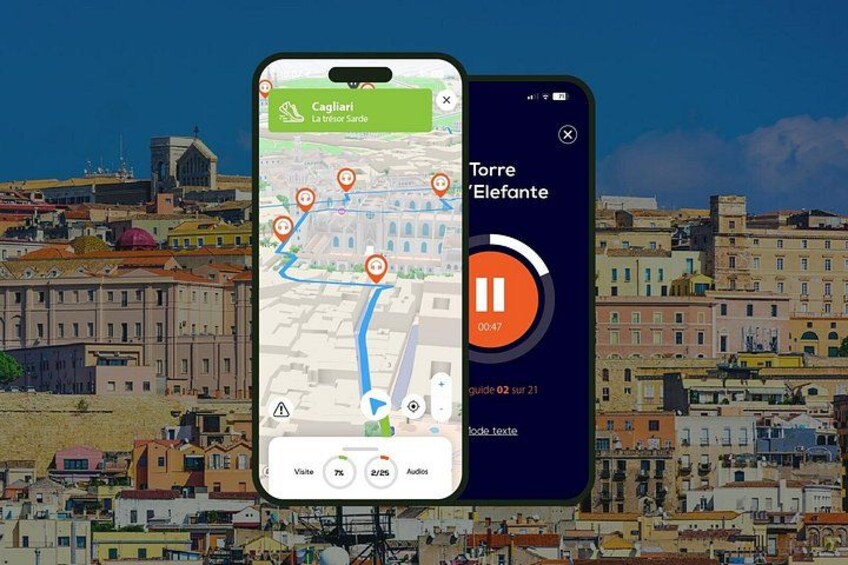 Un teléfono inteligente muestra un mapa con un marcador de ubicación, un botón de reproducción y un temporizador. 1