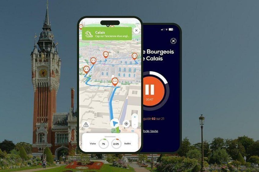 A smartphone displaying a map with a route and a clock tower in the background. 1