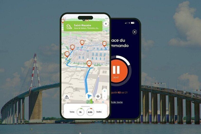 A smartphone displaying a map with a route marked by orange pins, a bridge in the background, and a play button on the screen. 1