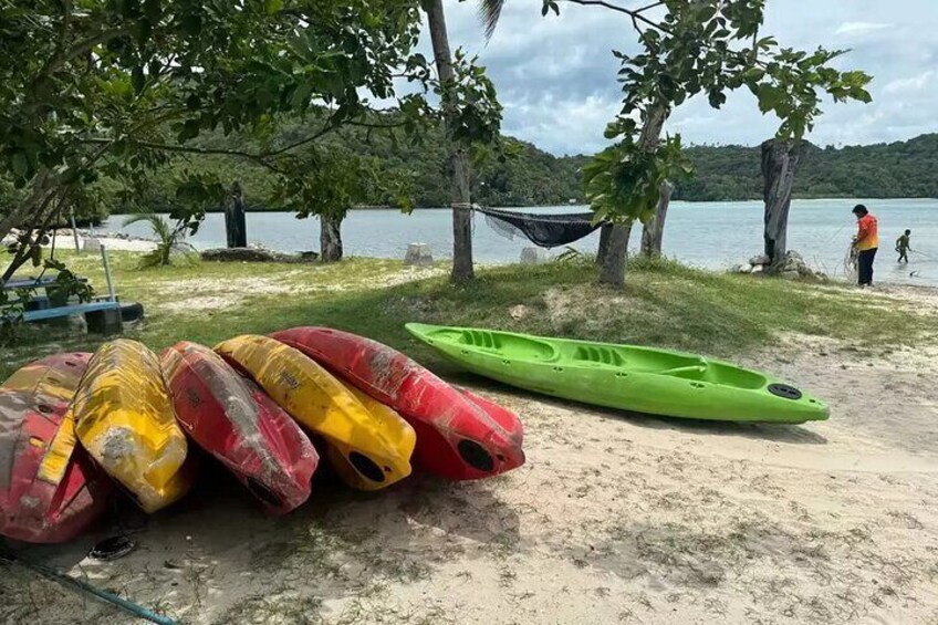 A beach with kayaks and a hammock. 4