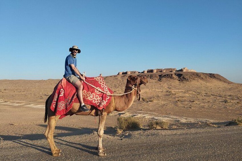 Una persona montando un camello en un desierto, con una fortaleza al fondo. 2