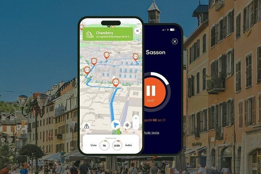 A smartphone displaying a map with a location marker, a music player interface, and a street scene with buildings. 1