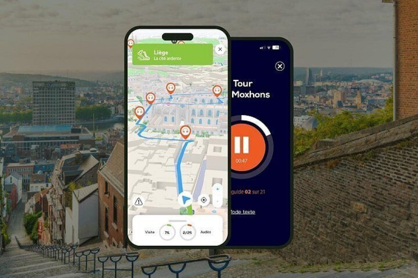 A smartphone displaying a map with a route marked by red pins, a play button, and a timer indicating 00:47. 1