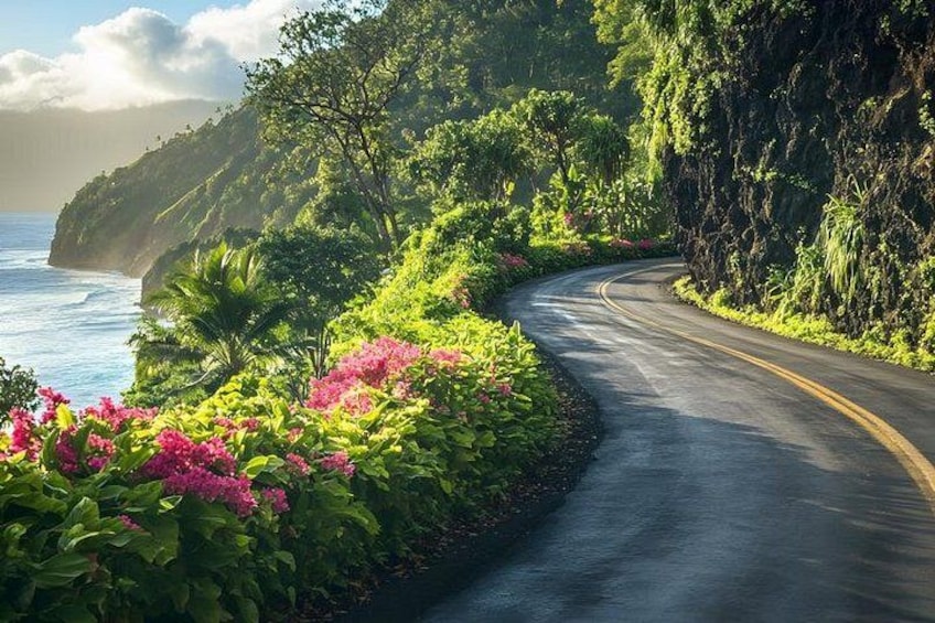 A winding coastal road with lush greenery and pink flowers. 3
