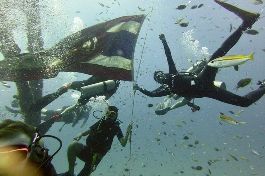 Divers underwater with a boat and fish in the background. 5