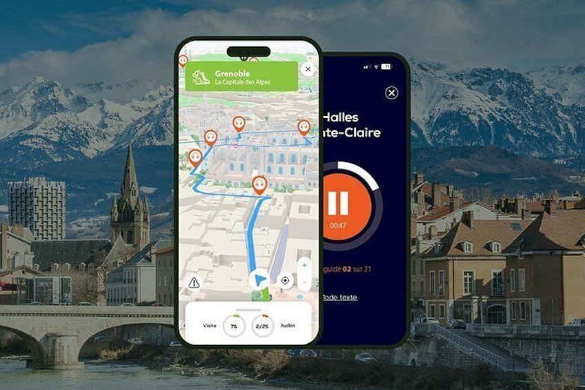 A smartphone displaying a map with a route marked by orange pins, a play button, and a timer indicating 00:47. 1