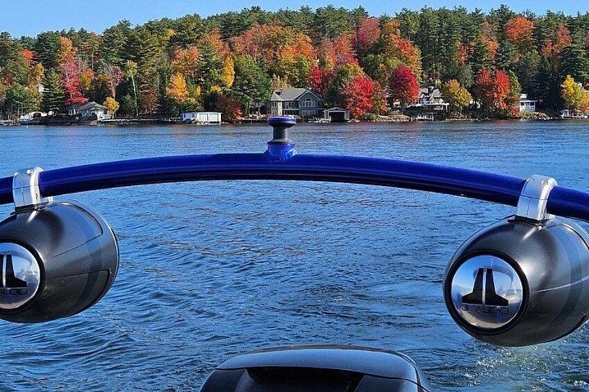 A boat with a blue frame and two propellers on the water, surrounded by a forest with autumn-colored trees. 3