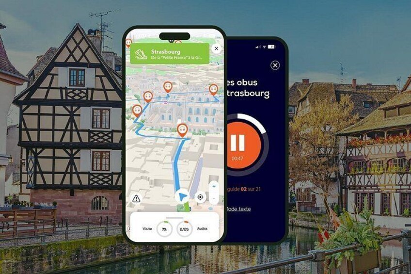 A smartphone displaying a map with a location marker, a play button, and a guide icon. 1