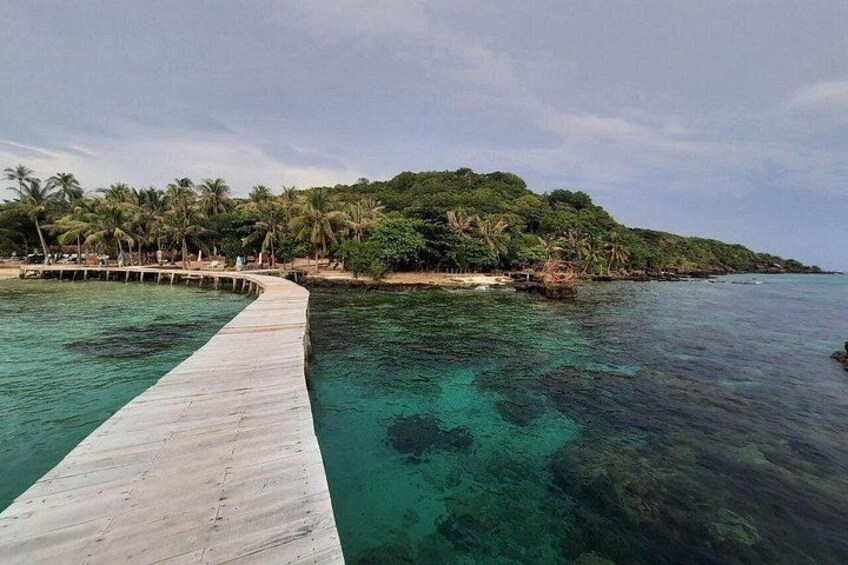 A wooden pier extending into turquoise waters, surrounded by lush greenery and palm trees. 4
