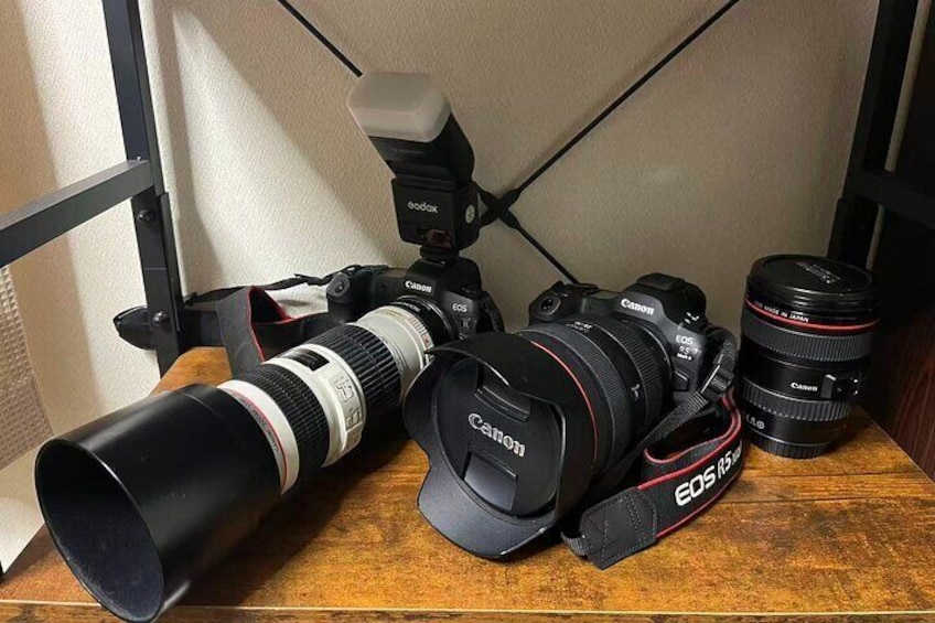Due fotocamere Canon EOS e obiettivi su un tavolo di legno. 5