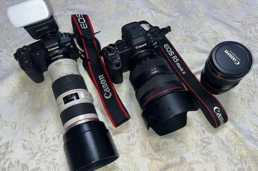 To Canon EOS 5DS Mark II kameraer med objektiver og blitz på et baggrund med mønster. 4