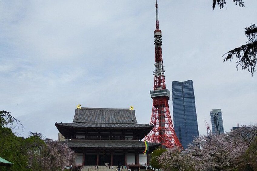 A traditional Japanese building, a red tower, and modern skyscrapers. 1