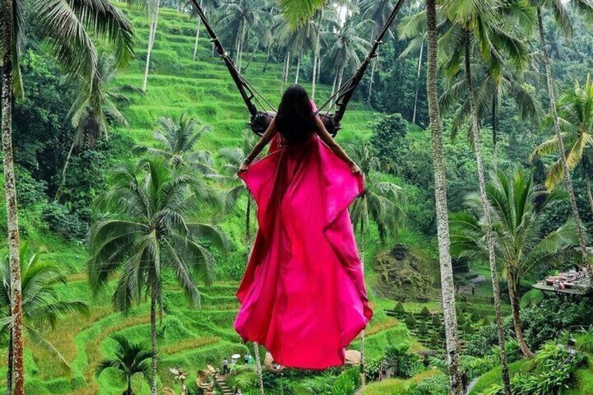 A person in a red dress standing on a swing amidst lush green fields and palm trees. 3