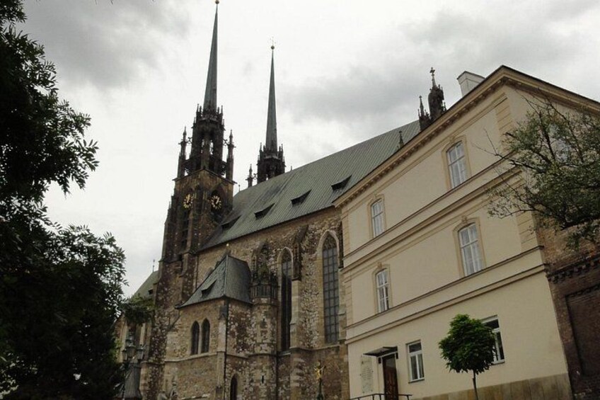 St. Peter and Paul Cathedral on Petrov Hill in Brno, a landmark with Gothic and Baroque elements and towering twin spires visible across the city. 1