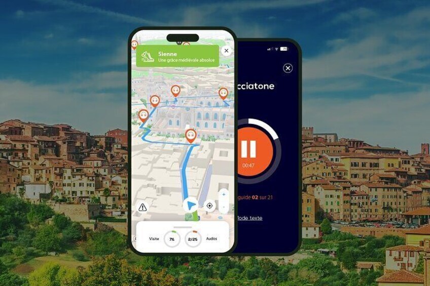 A smartphone displaying a map with a route marked in orange, a play button, and a lock icon. 1