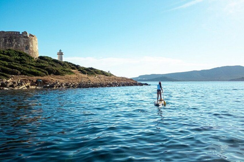 Una persona fa paddleboard su acque calme vicino a un’antica fortificazione costiera e un faro. 2