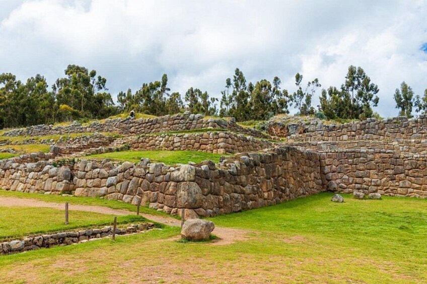 Ruinas de piedra antiguas con un primer plano de hierba y árboles al fondo. 3