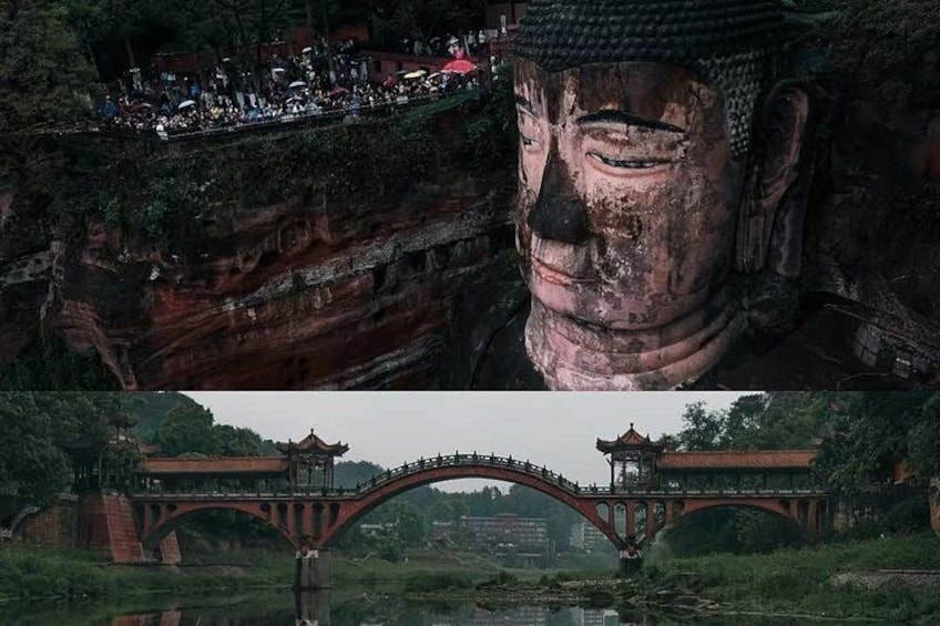 A large Buddha statue, a bridge, and a temple with visitors. 2