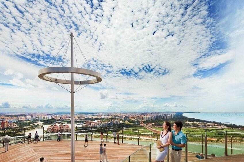 A circular observation tower with a panoramic view of a coastal cityscape and a body of water. 5