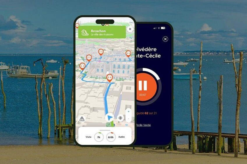 Two smartphones displaying maps and audio guides, with a coastal background. 1