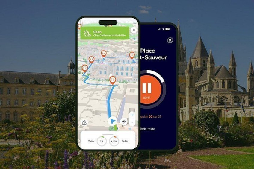A smartphone displaying a map with a location pin, a cathedral, and a garden. 1
