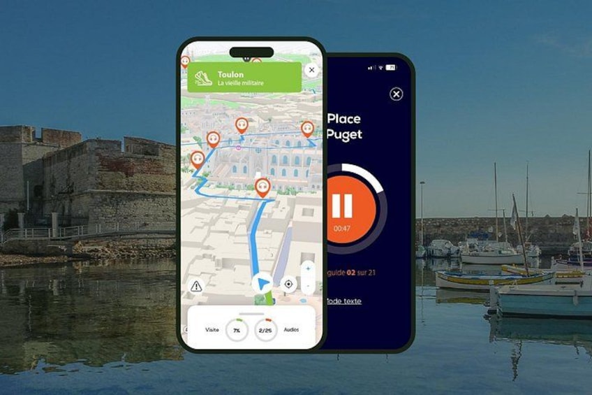 Ein Smartphone zeigt eine Karte mit einer in Orange markierten Route, einem Ort namens 'Place Puget' und einem Wiedergabe-Symbol für eine Führung oder Audiofunktion. 1