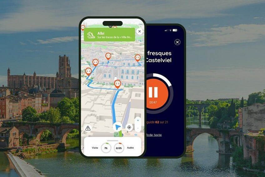 Un teléfono inteligente mostrando un mapa con un marcador de ubicación e interfaz de reproductor de música. 1