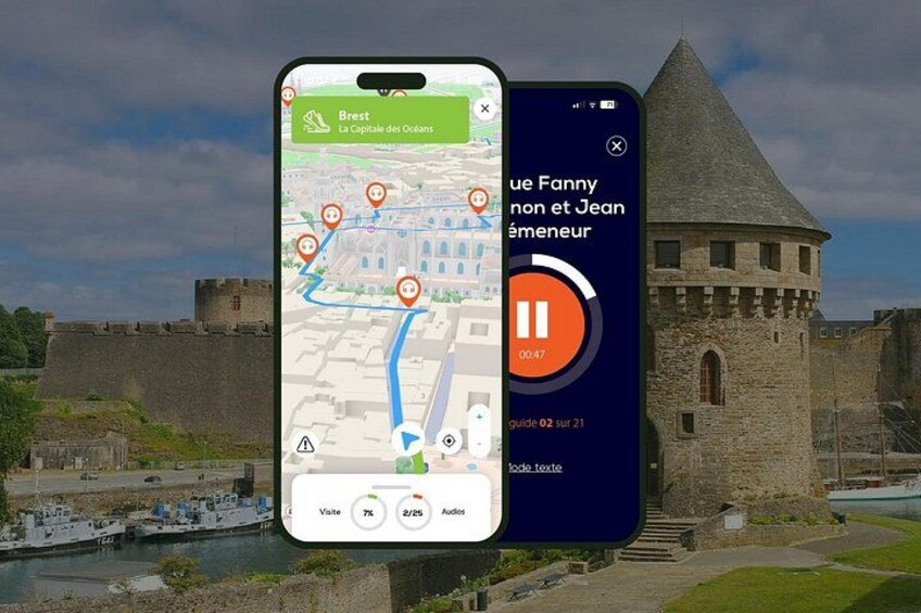 En smartphone som visar en karta med ett slott och en flod. 1