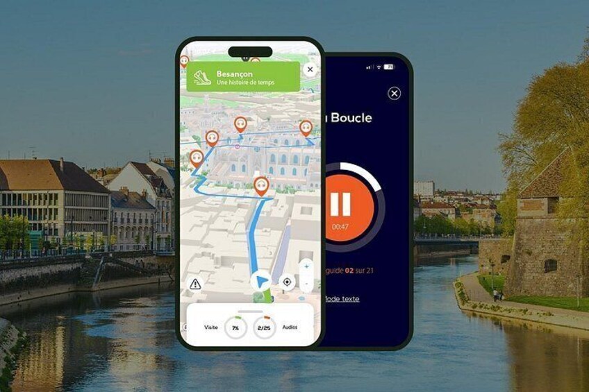 Two smartphones displaying a map with a route and a playback screen. 1