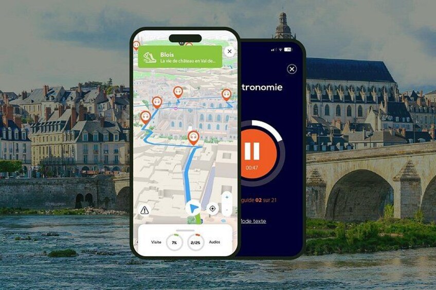 A smartphone displaying a map with a location pin, a music player interface, and a bridge in the background. 1