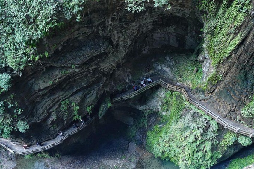 Une passerelle en bois traverse un canyon rocheux, bordé d’une végétation luxuriante. 3